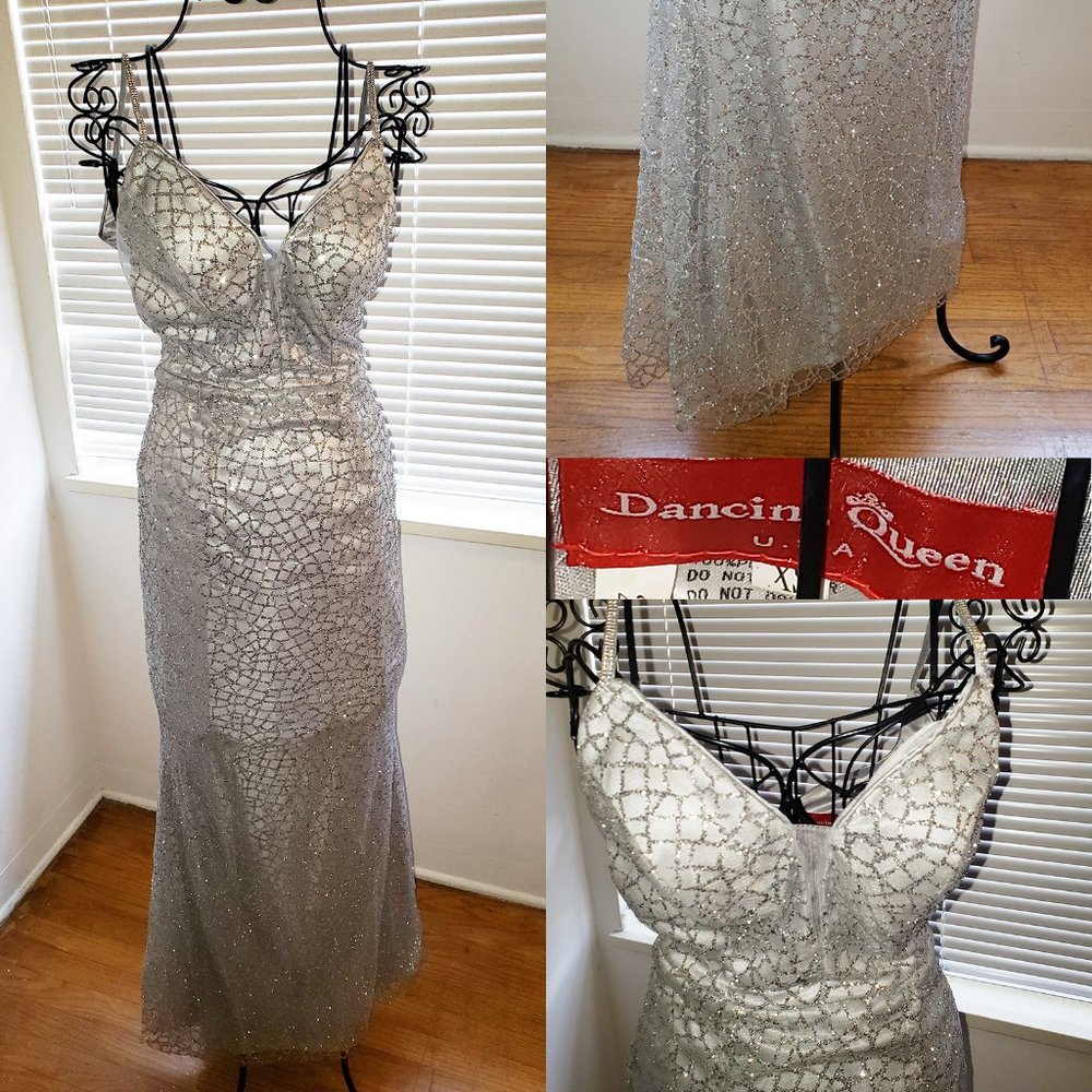 Vintage Barbicore Y2K Disco Silver Maxi Gown New Year's Eve Holiday Dress XS